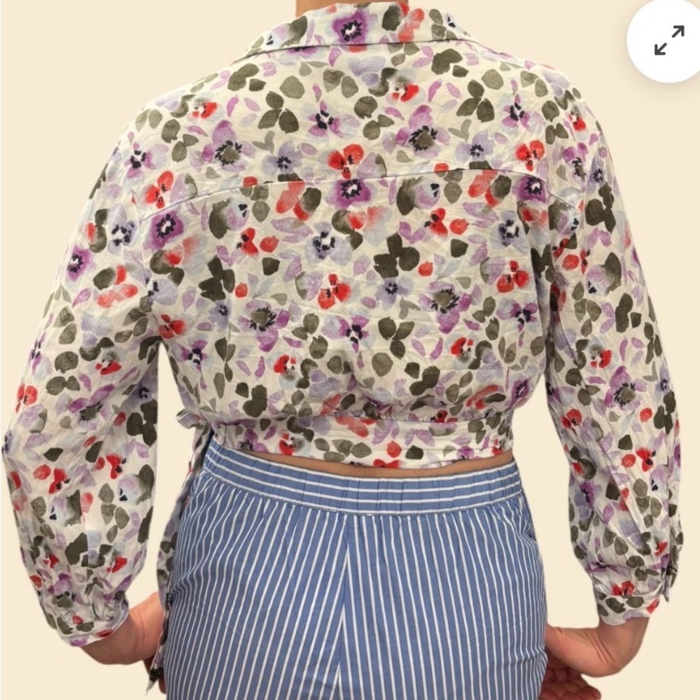 Frank & Oak Floral Tie-Front Blouse - White and Purple, green - size small - Picture 3 of 13